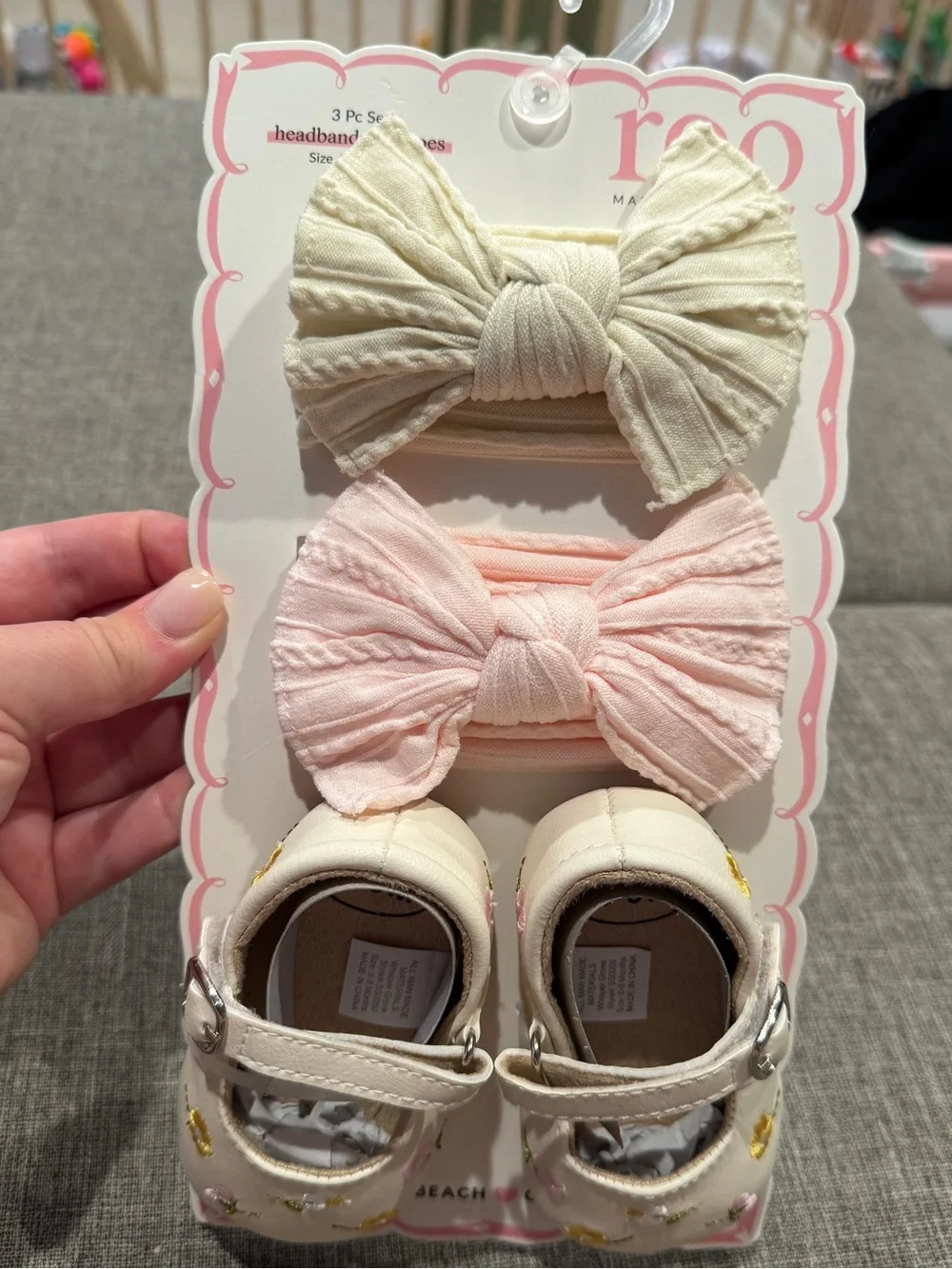Baby Headband and shoes Set with Cream and Pink Bows